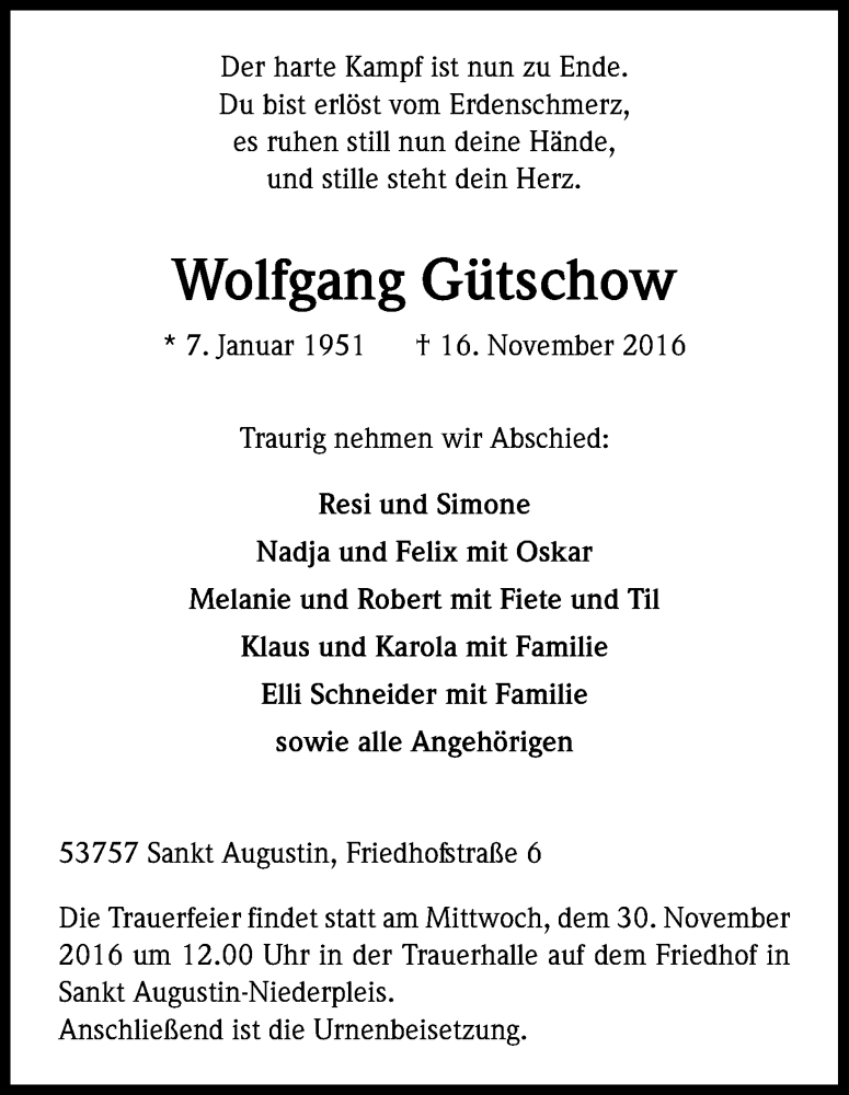  Traueranzeige für Wolfgang Gütschow vom 19.11.2016 aus Kölner Stadt-Anzeiger / Kölnische Rundschau / Express