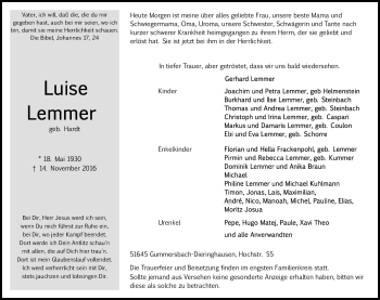 Anzeige von Luise Lemmer von Kölner Stadt-Anzeiger / Kölnische Rundschau / Express