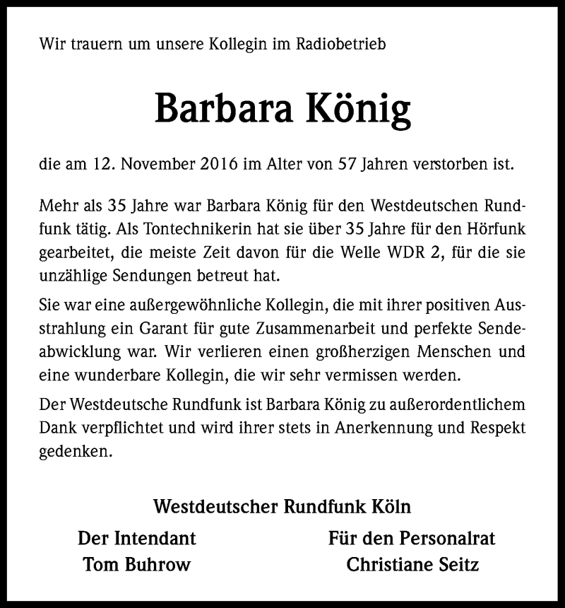  Traueranzeige für Barbara König vom 24.11.2016 aus Kölner Stadt-Anzeiger / Kölnische Rundschau / Express