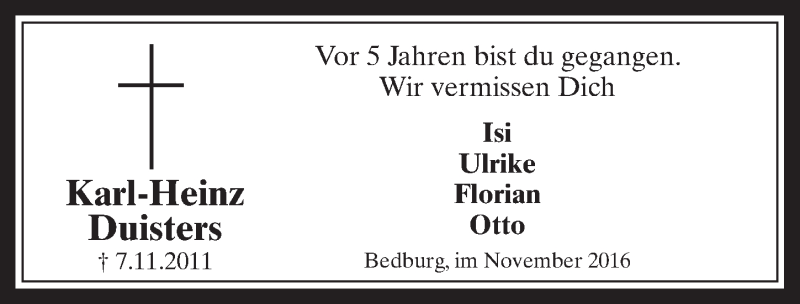  Traueranzeige für Karl-Heinz Duisters vom 09.11.2016 aus  Werbepost 