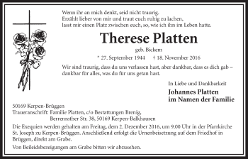 Anzeige von Therese Platten von  Sonntags-Post 