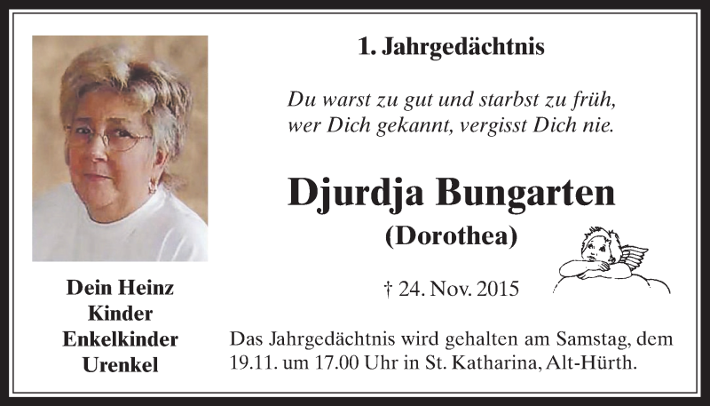  Traueranzeige für Djurdja Bungarten vom 16.11.2016 aus  Wochenende 