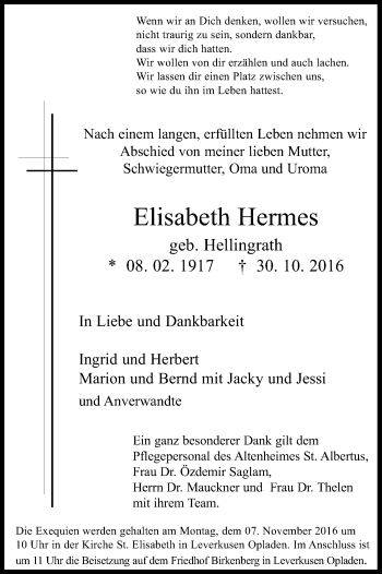 Anzeige von Elisabeth Hermes von Kölner Stadt-Anzeiger / Kölnische Rundschau / Express