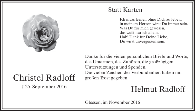  Traueranzeige für Christel Radloff vom 05.11.2016 aus  Sonntags-Post 