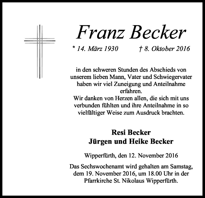  Traueranzeige für Franz Becker vom 12.11.2016 aus Kölner Stadt-Anzeiger / Kölnische Rundschau / Express