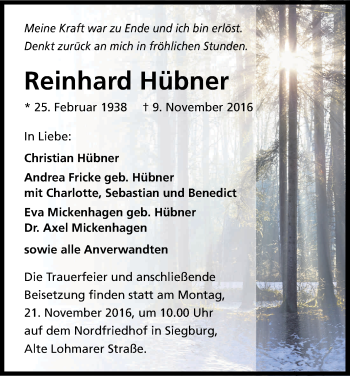 Anzeige von Reinhard Hübner von Kölner Stadt-Anzeiger / Kölnische Rundschau / Express
