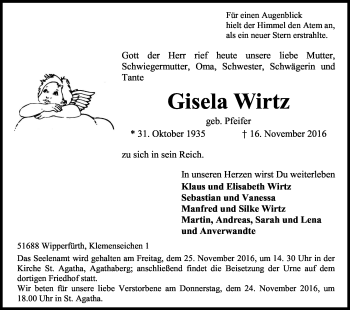 Anzeige von Gisela Wirtz von Kölner Stadt-Anzeiger / Kölnische Rundschau / Express