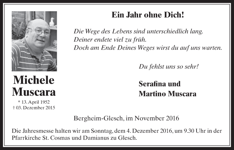 Traueranzeige für Michele Muscara vom 23.11.2016 aus  Werbepost 