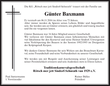 Anzeige von Günter Baxmann von  Sonntags-Post 