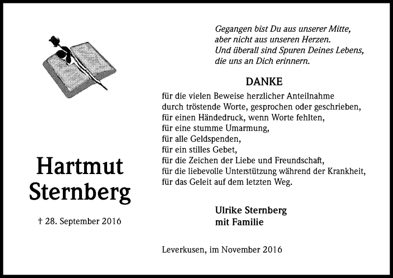  Traueranzeige für Hartmut Sternberg vom 26.11.2016 aus Kölner Stadt-Anzeiger / Kölnische Rundschau / Express