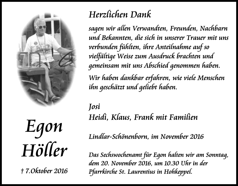  Traueranzeige für Egon Höller vom 12.11.2016 aus Kölner Stadt-Anzeiger / Kölnische Rundschau / Express