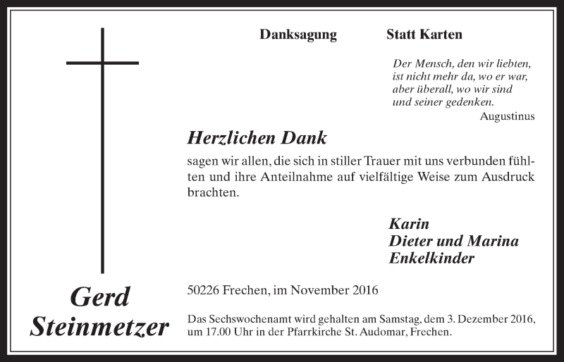  Traueranzeige für Gerd Steinmetzer vom 30.11.2016 aus  Wochenende 