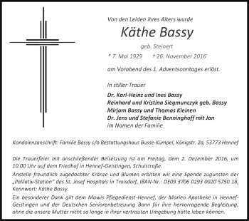 Anzeige von Käthe Bassy von Kölner Stadt-Anzeiger / Kölnische Rundschau / Express