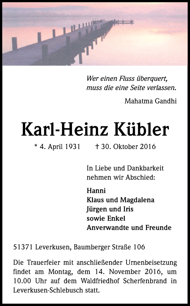  Traueranzeige für Karl-Heinz Kübler vom 07.11.2016 aus Kölner Stadt-Anzeiger / Kölnische Rundschau / Express