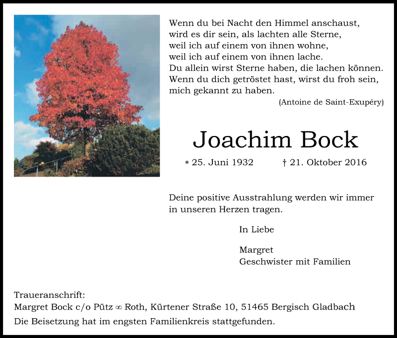  Traueranzeige für Joachim Bock vom 05.11.2016 aus Kölner Stadt-Anzeiger / Kölnische Rundschau / Express