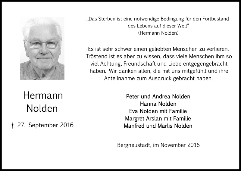  Traueranzeige für Hermann Nolden vom 12.11.2016 aus Kölner Stadt-Anzeiger / Kölnische Rundschau / Express