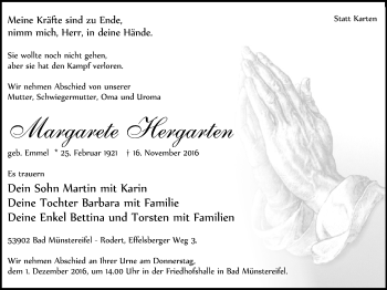 Anzeige von Margarete Hergarten von  Blickpunkt Euskirchen 