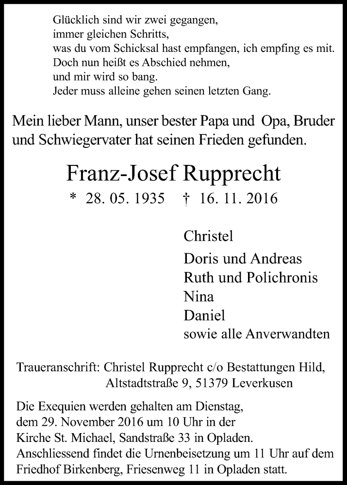  Traueranzeige für Franz-Josef Rupprecht vom 23.11.2016 aus Kölner Stadt-Anzeiger / Kölnische Rundschau / Express