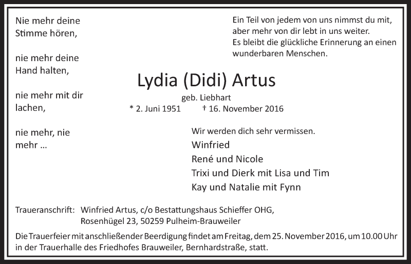  Traueranzeige für Lydia Artus vom 19.11.2016 aus  Sonntags-Post 