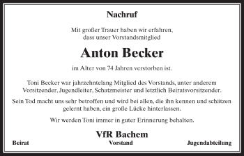 Anzeige von Anton Becker von  Wochenende 
