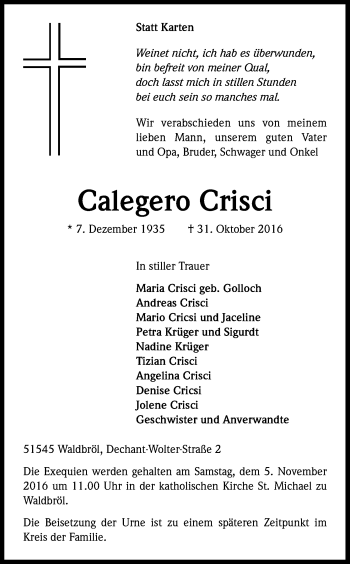 Anzeige von Calegero Crisci von Kölner Stadt-Anzeiger / Kölnische Rundschau / Express