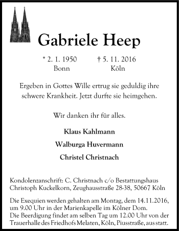 Anzeige von Gabriele Heep von Kölner Stadt-Anzeiger / Kölnische Rundschau / Express