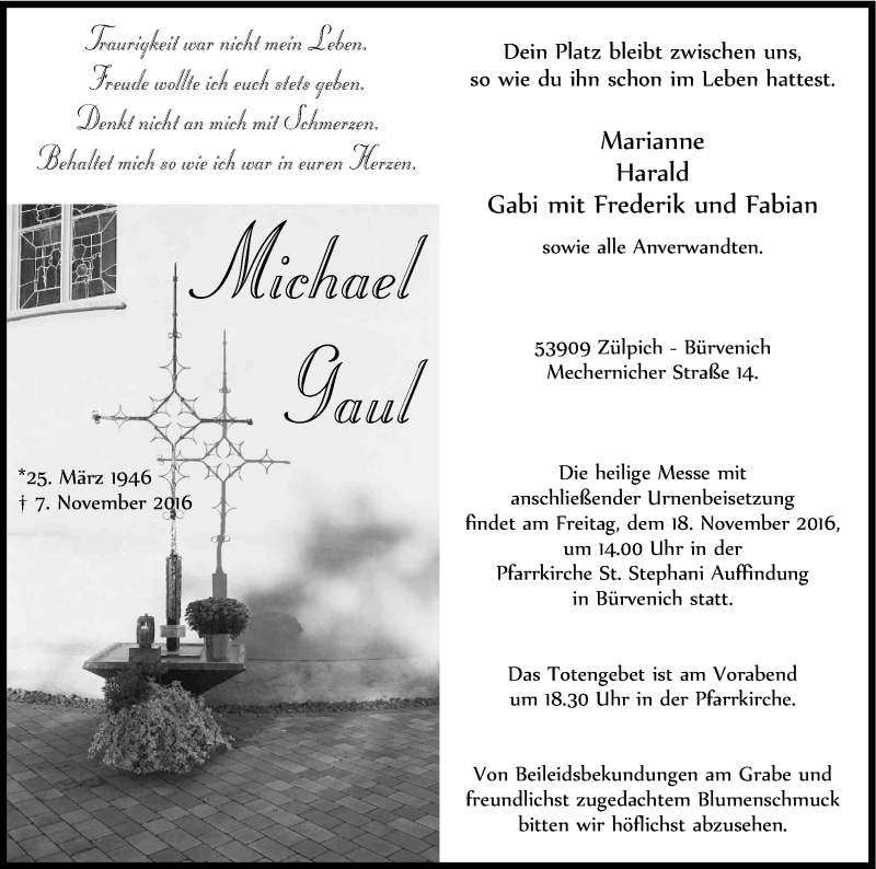  Traueranzeige für Michael Gaul vom 12.11.2016 aus Kölner Stadt-Anzeiger / Kölnische Rundschau / Express