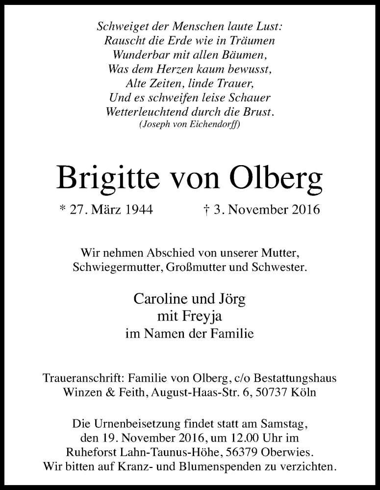  Traueranzeige für Brigitte von Olberg vom 16.11.2016 aus Kölner Stadt-Anzeiger / Kölnische Rundschau / Express