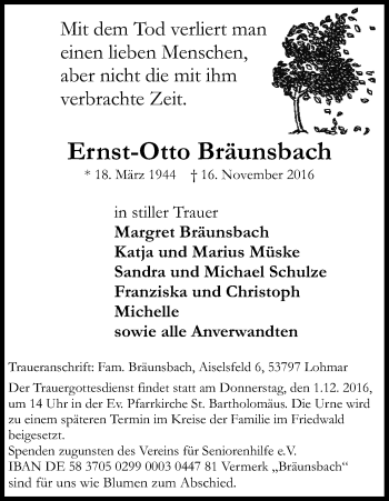 Anzeige von Ernst-Otto Bräunsbach von Kölner Stadt-Anzeiger / Kölnische Rundschau / Express