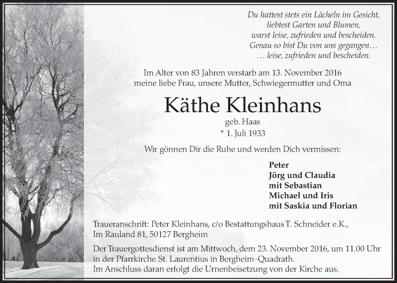  Traueranzeige für Käthe Kleinhans vom 19.11.2016 aus  Sonntags-Post 