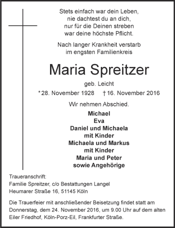 Anzeige von Maria Spreitzer von  Kölner Wochenspiegel 
