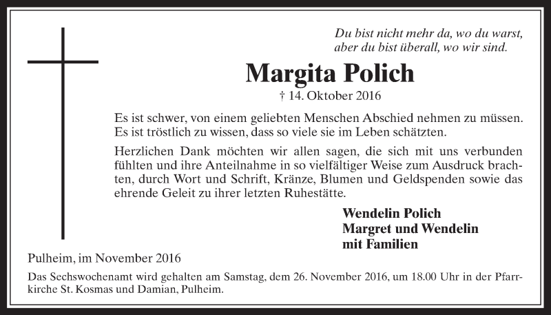  Traueranzeige für Margita Polich vom 23.11.2016 aus  Wochenende 