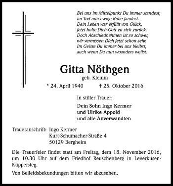 Anzeige von Gitta Nöthgen von Kölner Stadt-Anzeiger / Kölnische Rundschau / Express