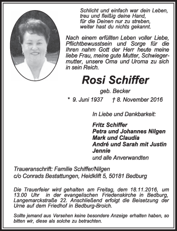 Anzeige von Rose Schiffer von  Sonntags-Post 