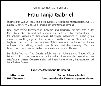Anzeige von Tanja Gabriel von Kölner Stadt-Anzeiger / Kölnische Rundschau / Express