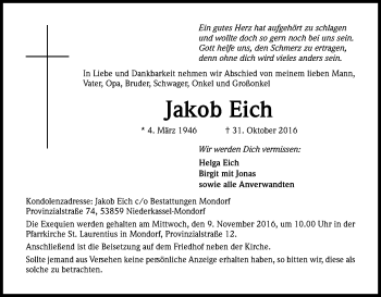 Anzeige von Jakob Eich von Kölner Stadt-Anzeiger / Kölnische Rundschau / Express