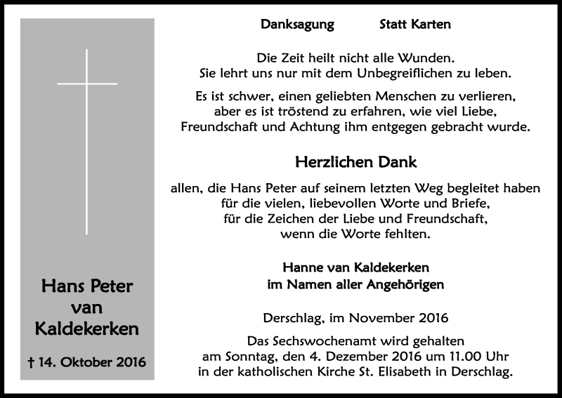  Traueranzeige für Hans Peter van Kaldekerken vom 19.11.2016 aus Kölner Stadt-Anzeiger / Kölnische Rundschau / Express