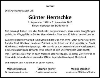 Anzeige von Guenter Hentschke von Kölner Stadt-Anzeiger / Kölnische Rundschau / Express