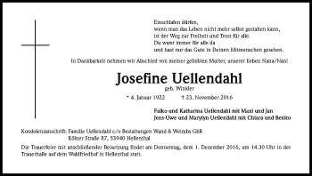 Anzeige von Josefine Uellendahl von Kölner Stadt-Anzeiger / Kölnische Rundschau / Express