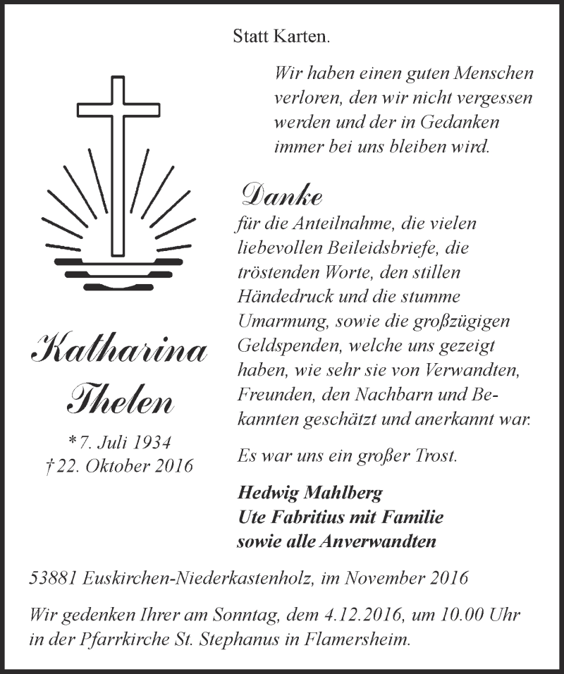  Traueranzeige für Katharina Thelen vom 26.11.2016 aus  Blickpunkt Euskirchen 
