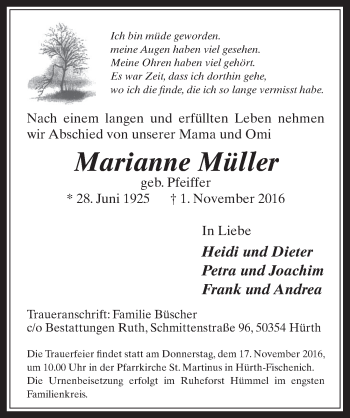 Anzeige von Marianne Müller von  Wochenende 