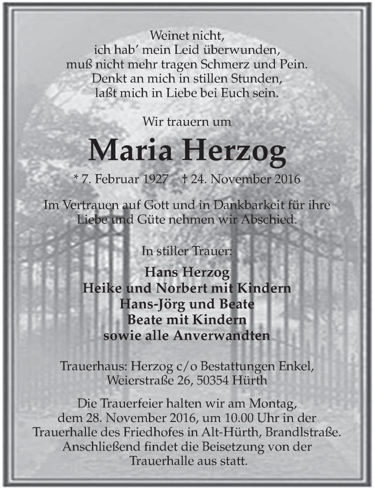  Traueranzeige für Maria Herzog vom 26.11.2016 aus  Sonntags-Post 