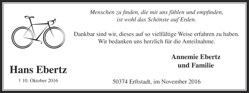  Traueranzeige für Hans Ebertz vom 23.11.2016 aus  Werbepost 