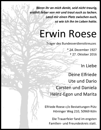 Anzeige von Erwin Roese von Kölner Stadt-Anzeiger / Kölnische Rundschau / Express