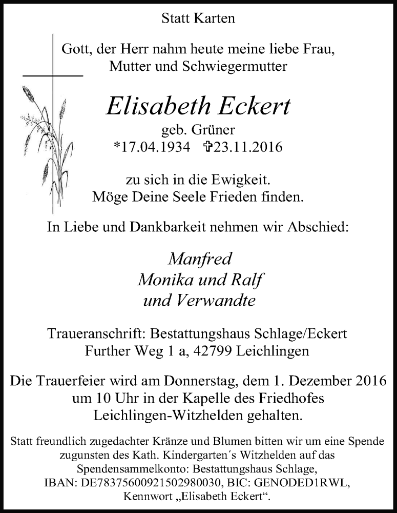  Traueranzeige für Elisabeth Eckert vom 26.11.2016 aus Kölner Stadt-Anzeiger / Kölnische Rundschau / Express