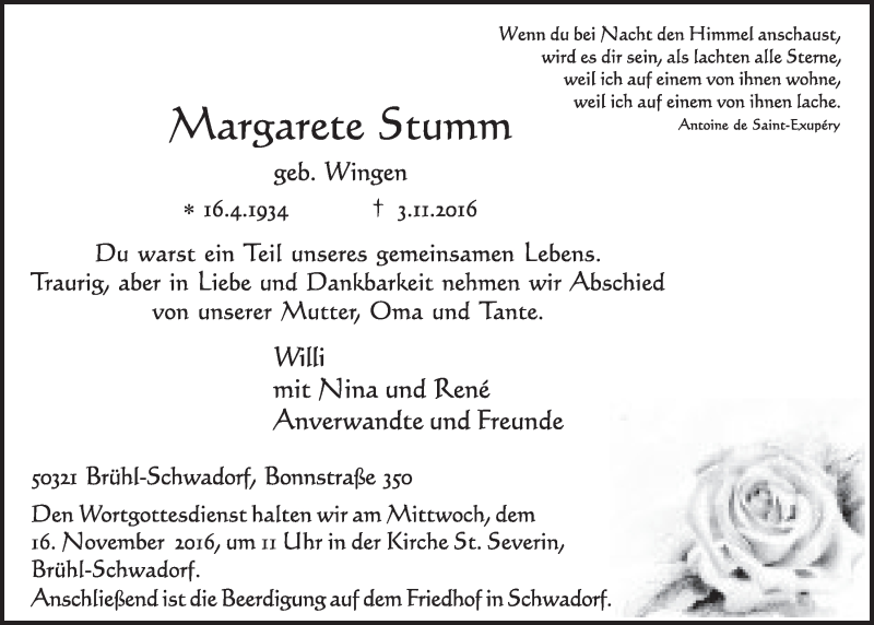  Traueranzeige für Margarete Stumm vom 09.11.2016 aus  Schlossbote/Werbekurier 