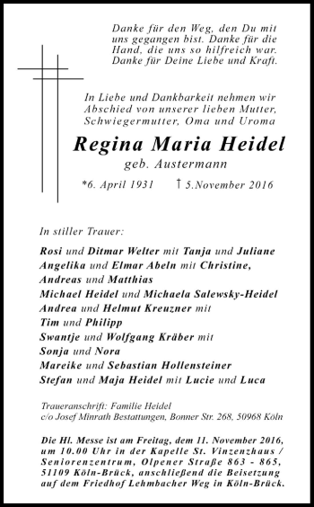 Anzeige von Regina Maria Heidel von Kölner Stadt-Anzeiger / Kölnische Rundschau / Express