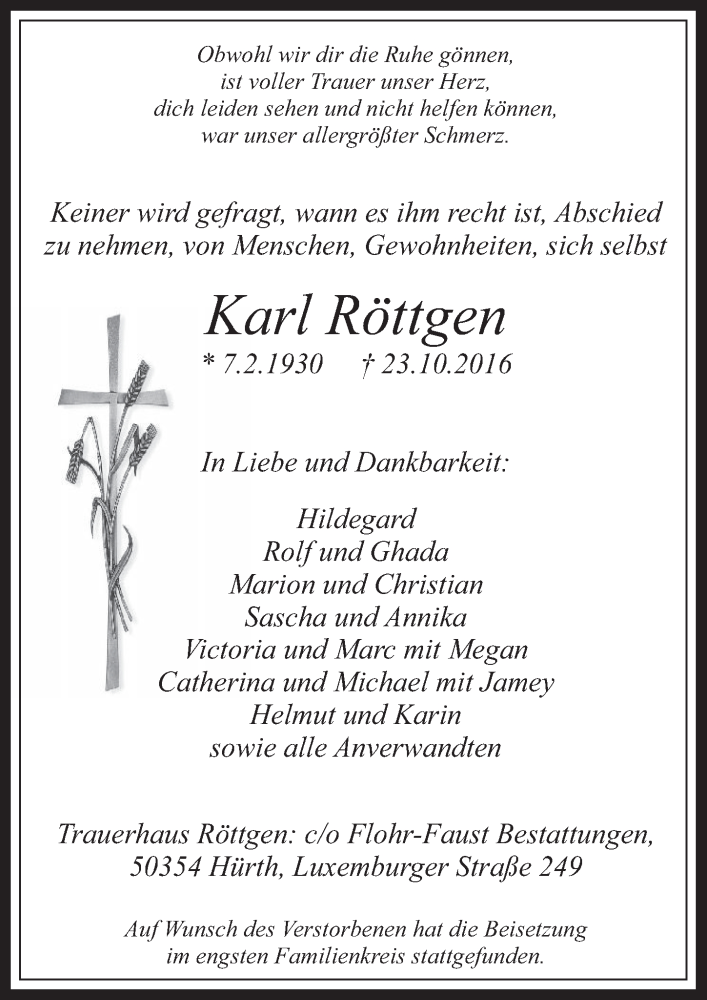  Traueranzeige für Karl Röttgen vom 02.11.2016 aus  Werbepost 