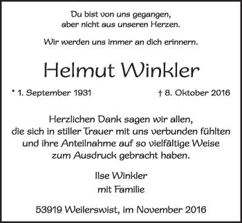 Anzeige von Helmut Winkler von  Blickpunkt Euskirchen 