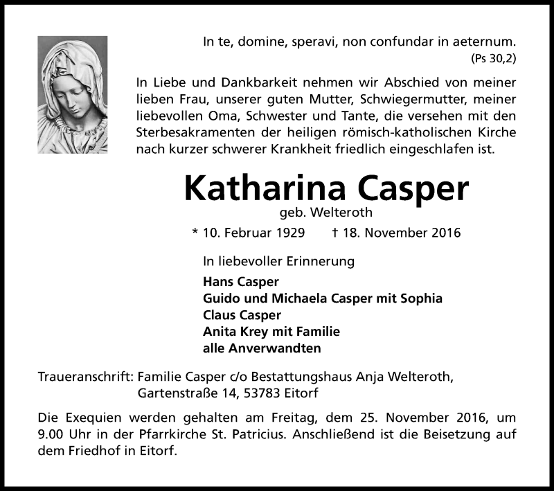  Traueranzeige für Katharina Casper vom 19.11.2016 aus Kölner Stadt-Anzeiger / Kölnische Rundschau / Express